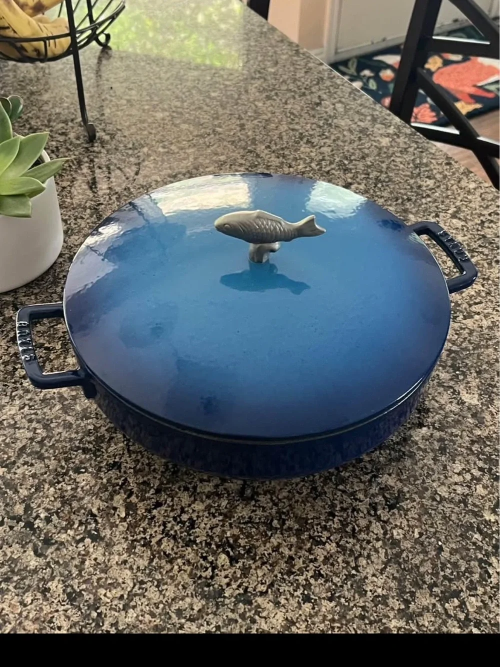 Staub 5 qt enameled cast iron bouillabaisse pot fish handle